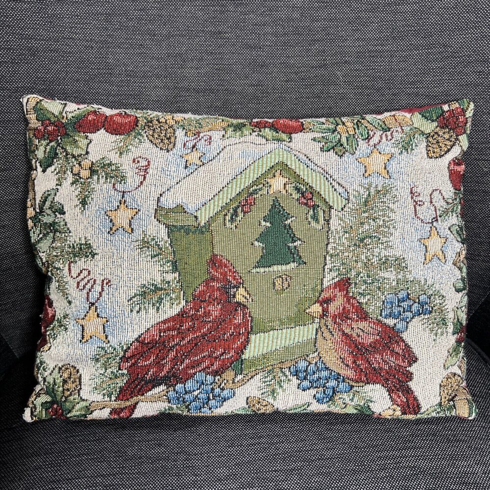 Cardinal Birdhouse Christmas Tapestry Accent Pillow Rectangle Vintage 15 x 11